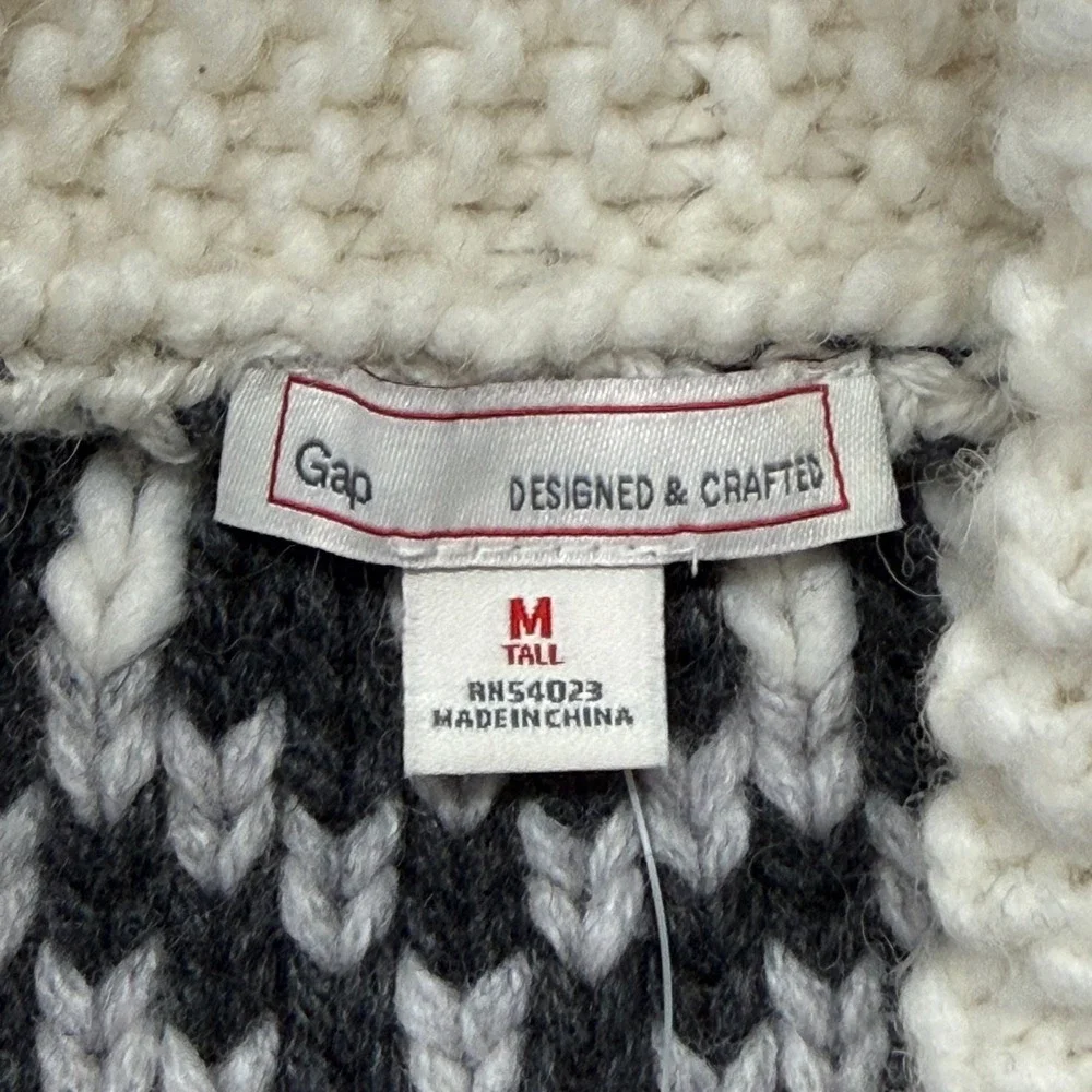 Gap Womens Fair Isle Zip Up Cardigan Wool Alpaca Blend Shawl Collar Cream M Tall